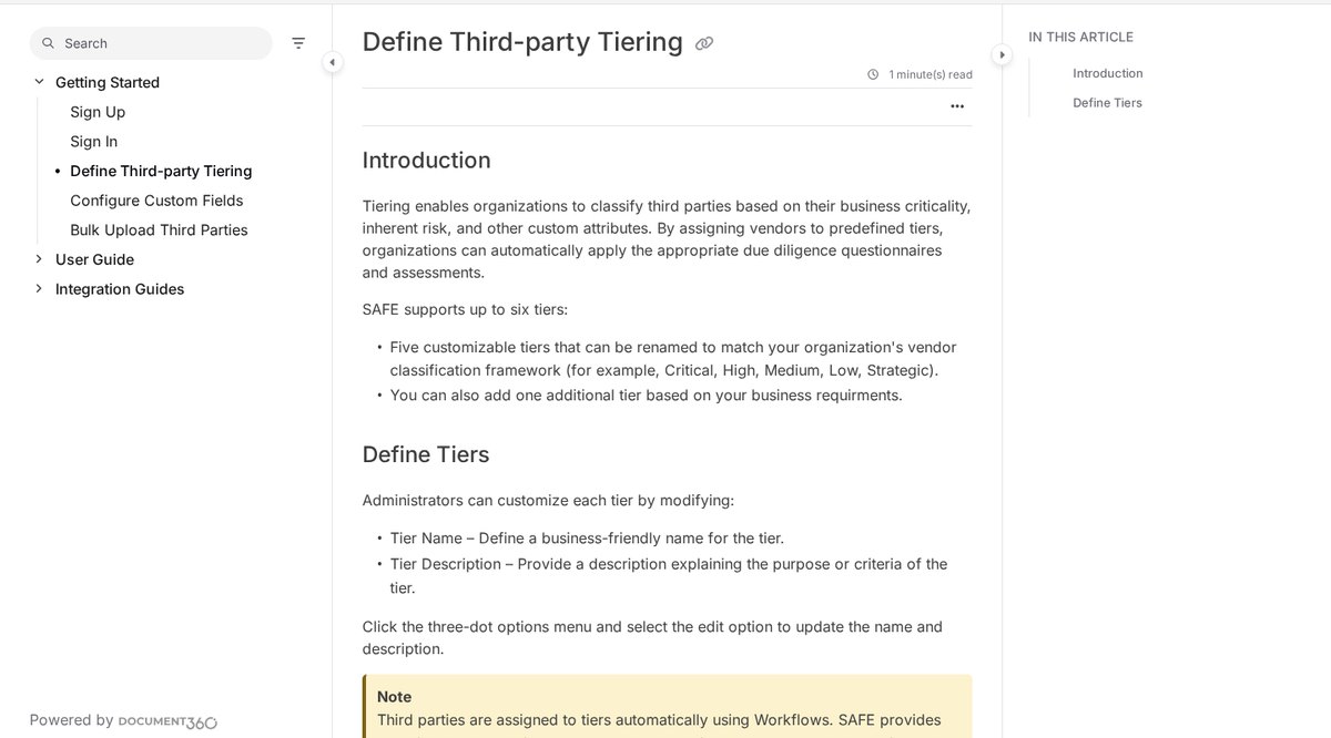 SAFE product documentation explaining third-party tiering with up to six configurable tiers assigned automatically by workflow