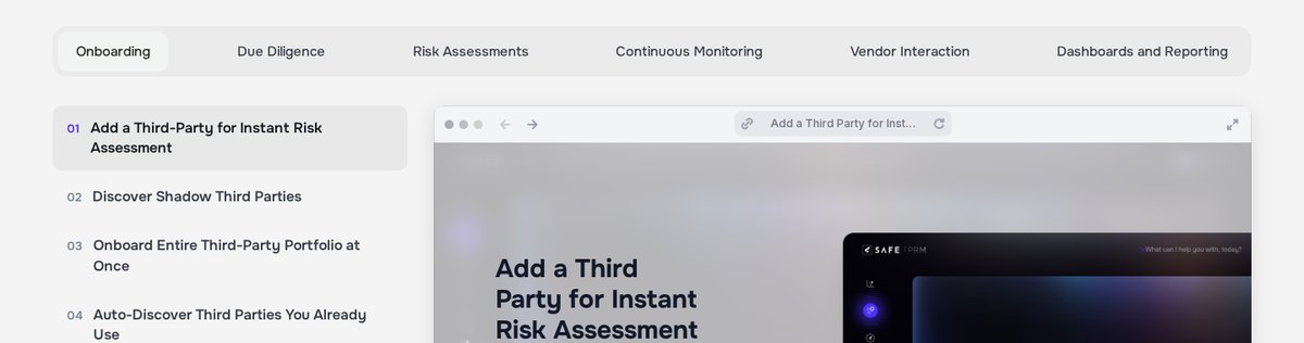Self-guided demo of the SAFE TPRM platform showing onboarding, due diligence, risk assessments, continuous monitoring, vendor interaction and dashboards