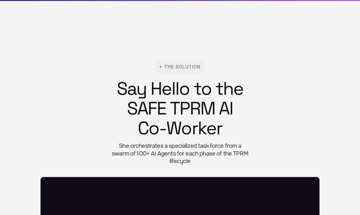 Safe Security public product page introducing the SAFE TPRM AI Co-Worker orchestrating a swarm of more than 100 AI agents across the TPRM lifecycle